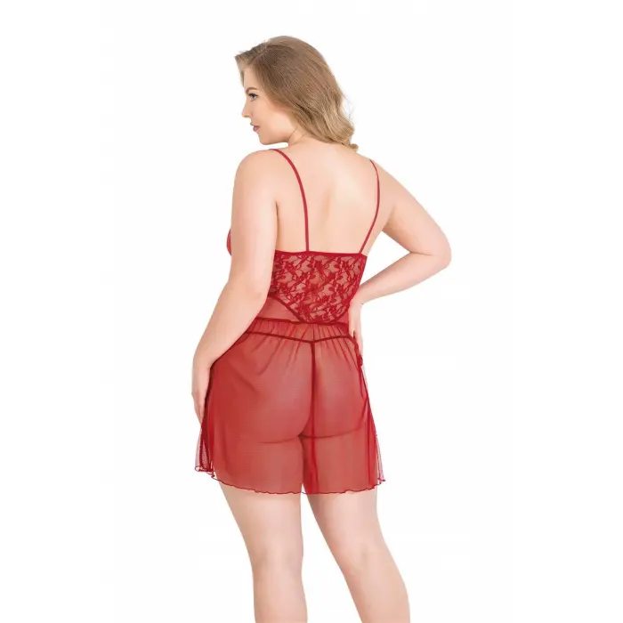 Büyük Beden Kırmızı Kısa Tül Gecelik