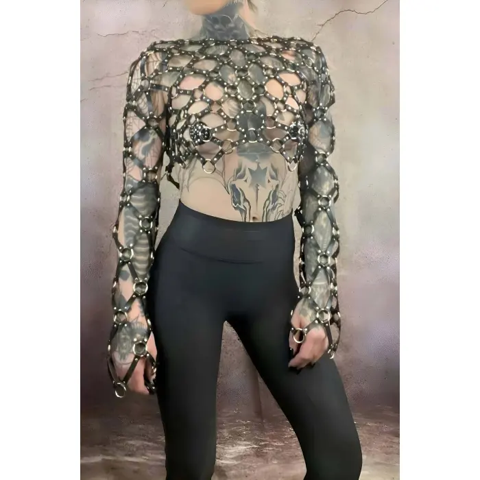 Çapraz Tasarım Uzun Kollu Deri Crop Bağlamalı Büstiyer Harness- Brf1076