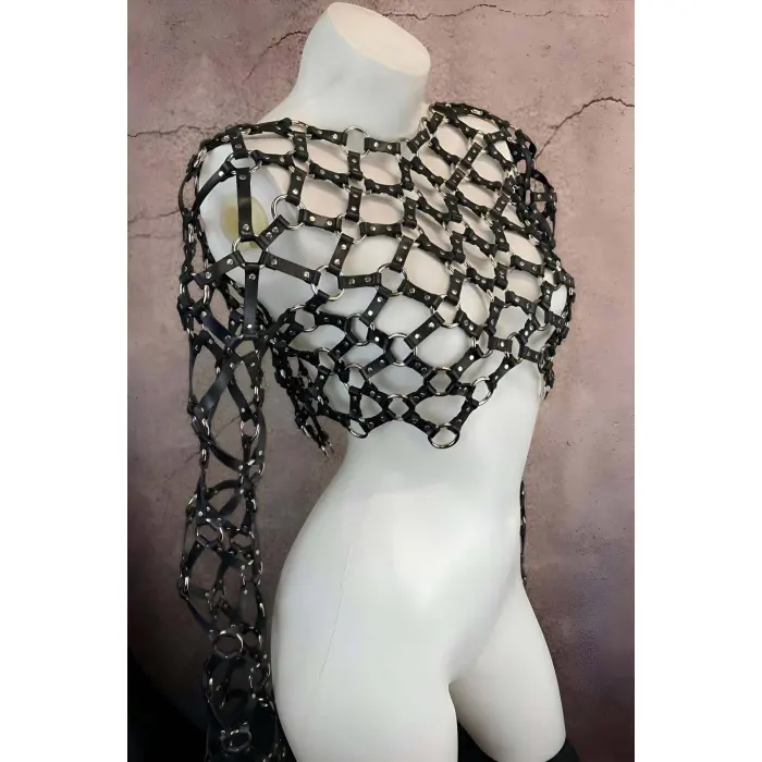 Çapraz Tasarım Uzun Kollu Deri Crop Bağlamalı Büstiyer Harness- Brf1076