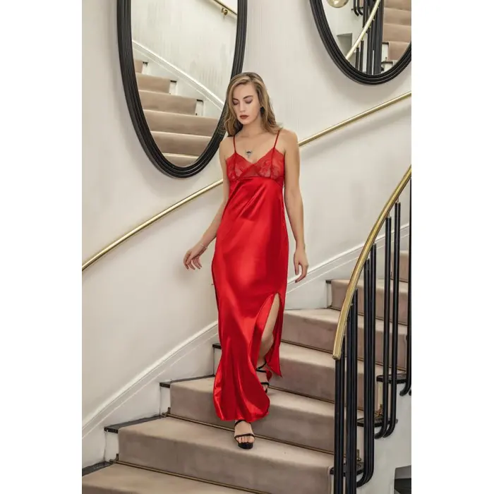 DANTELLİ UZUN YIRTMAÇLI SATEN GECELİK ELBİSE STRİNG TAKIM KIRMIZI (MGP31512)