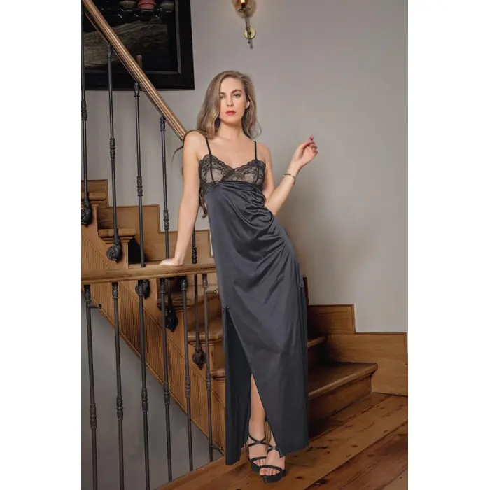 DANTELLİ UZUN YIRTMAÇLI SATEN GECELİK ELBİSE STRİNG TAKIM SİYAH (MGP31512)