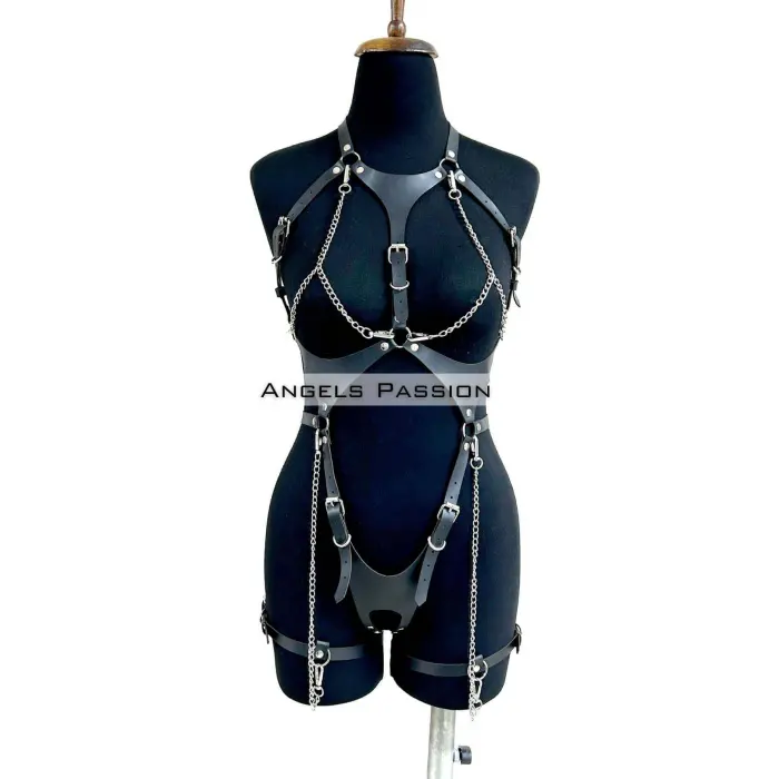 Deri Body Harness, Zincir Ve Kelepçeli Fantezi İç Giyim - Brf1098