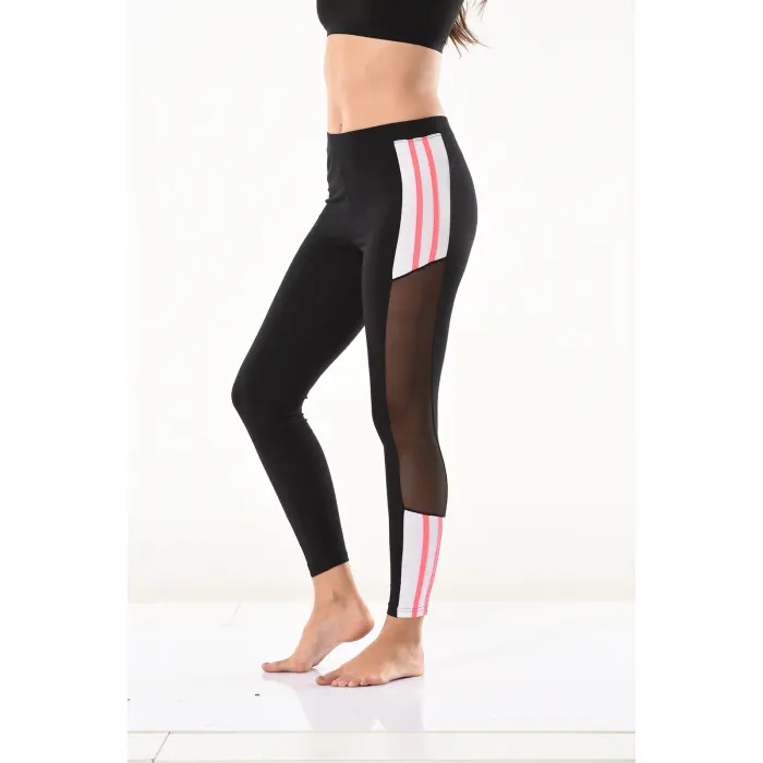 Derya Kurşun Transparan Detaylı Şeritli Kadın Tayt 0584