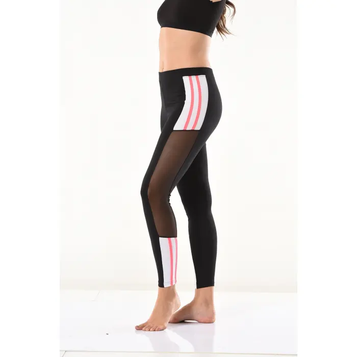 Derya Kurşun Transparan Detaylı Şeritli Kadın Tayt 0584