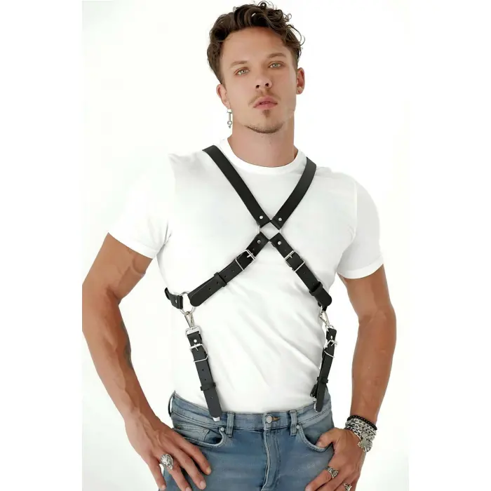 Göğüs Detaylı Arkadan Bağlamalı Erkek  Deri Harness - Brfm84