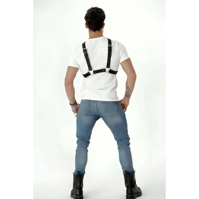 Göğüs Detaylı Arkadan Bağlamalı Erkek  Deri Harness - Brfm84