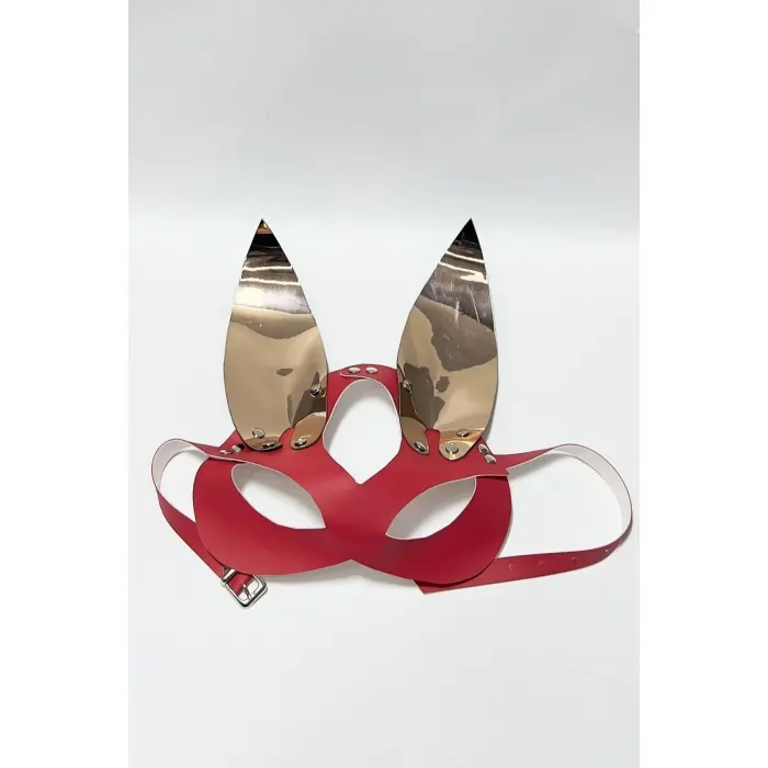 Gold/Kırmızı Tavşan Kulaklı Deri Maske 800466