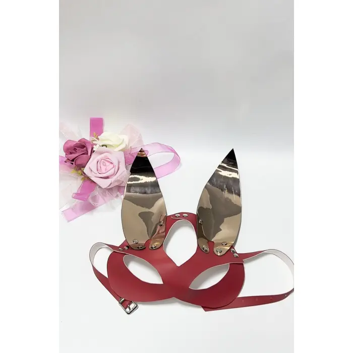 Gold/Kırmızı Tavşan Kulaklı Deri Maske 800466