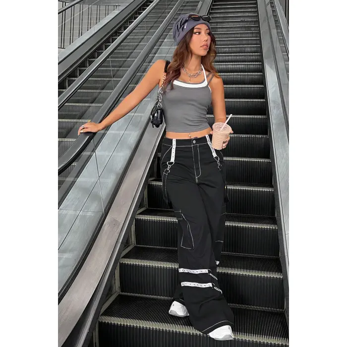 Kadın Antrasit Gri Beyaz Çift Renk Çapraz Askılı Crop Top Bluz