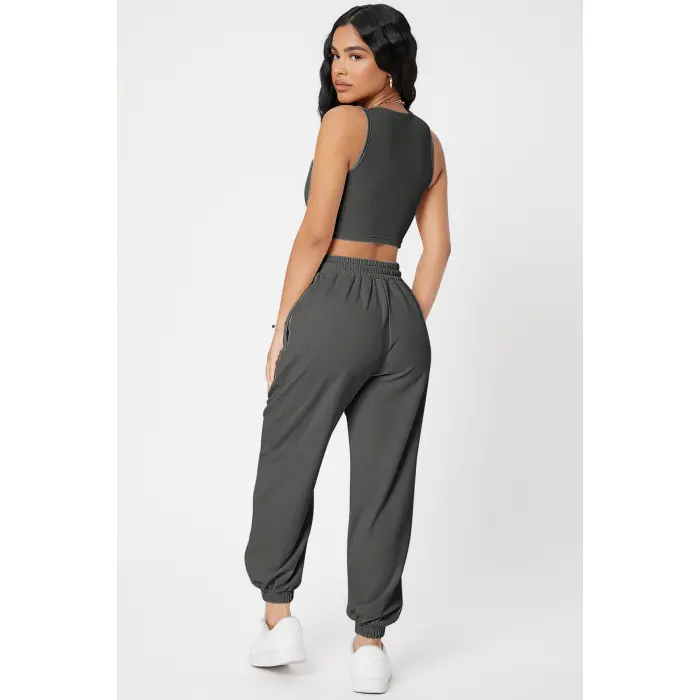Kadın Antrasit Gri Kaşkorse Cepli Jogger Eşofman Altı ve Crop Top Bluz
