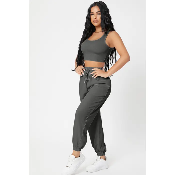 Kadın Antrasit Gri Kaşkorse Cepli Jogger Eşofman Altı ve Crop Top Bluz