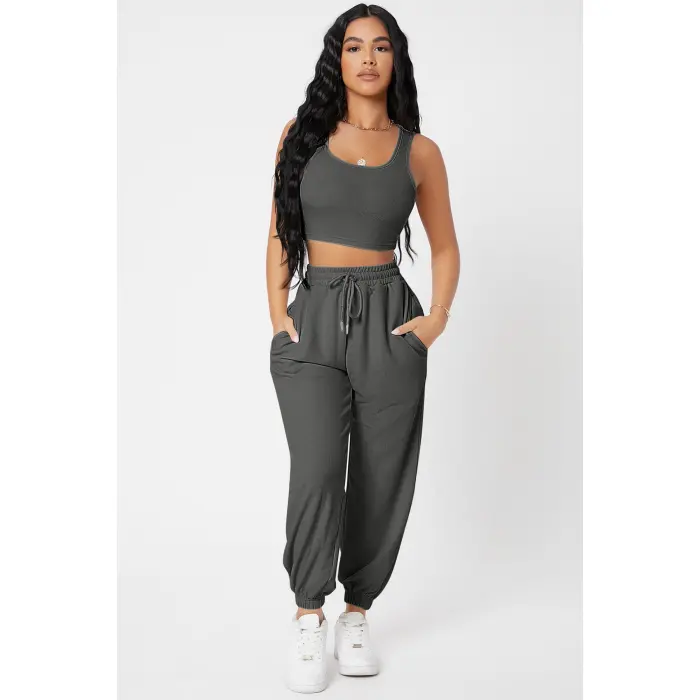 Kadın Antrasit Gri Kaşkorse Cepli Jogger Eşofman Altı ve Crop Top Bluz