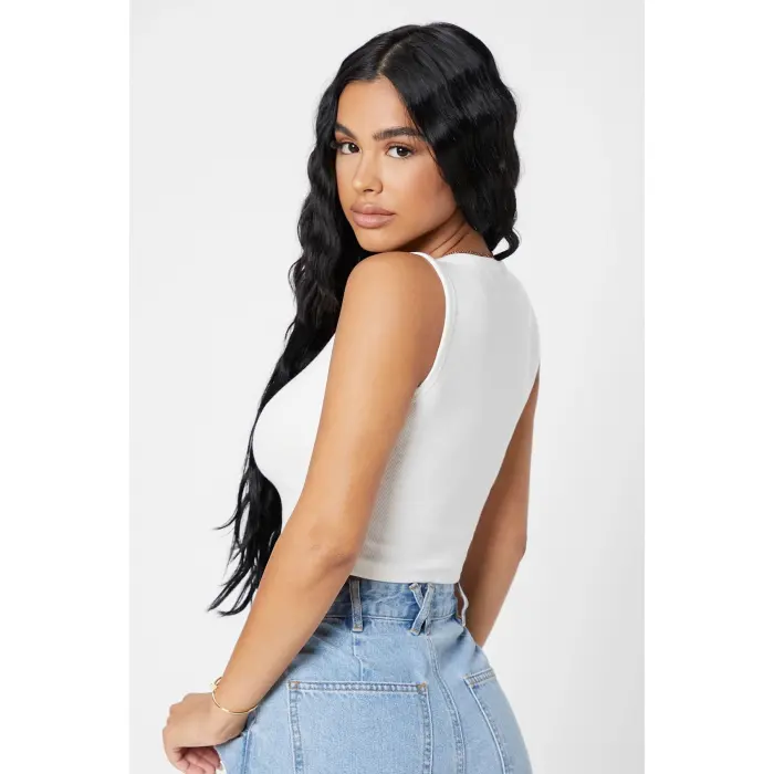 Kadın Beyaz Kare Yaka Crop Top Bluz