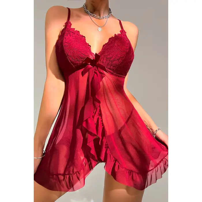 Kadın Bordo Dantelli, Fırfırlı Tül ve Fiyonk Detaylı Tangalı Gecelik Takımı