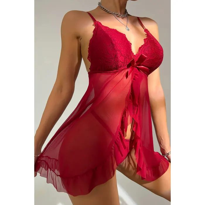 Kadın Bordo Dantelli, Fırfırlı Tül ve Fiyonk Detaylı Tangalı Gecelik Takımı