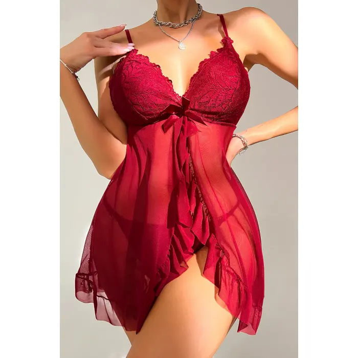 Kadın Bordo Dantelli, Fırfırlı Tül ve Fiyonk Detaylı Tangalı Gecelik Takımı