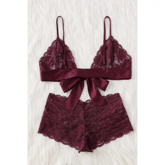 Kadın Bordo Dantelli & Kurdelalı Sütyen Külot Takımı