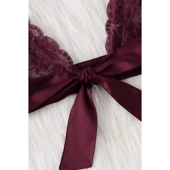 Kadın Bordo Dantelli & Kurdelalı Sütyen Külot Takımı