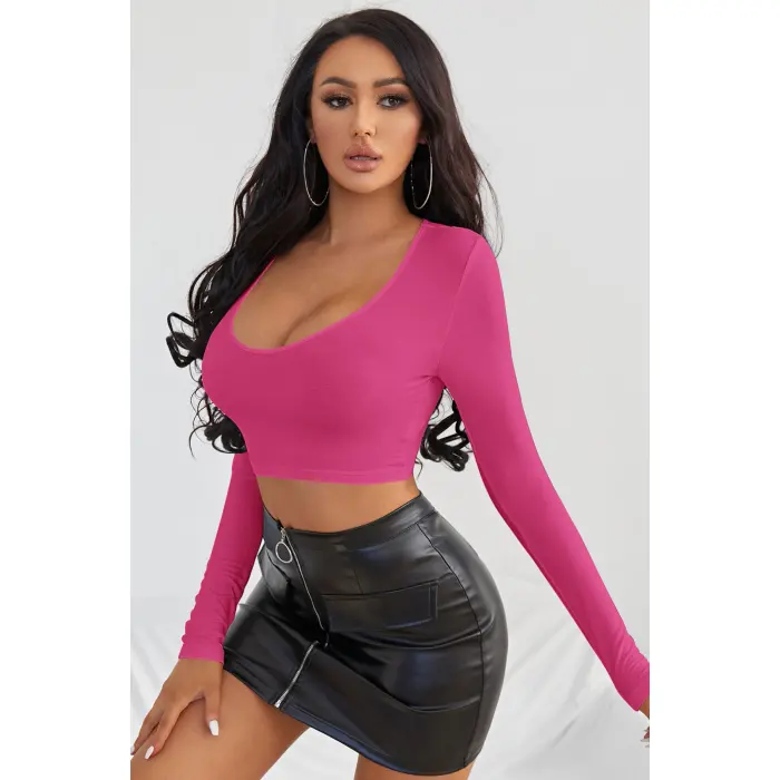 Kadın Fuşya Uzun Kol Kare Yaka Crop Top Bluz