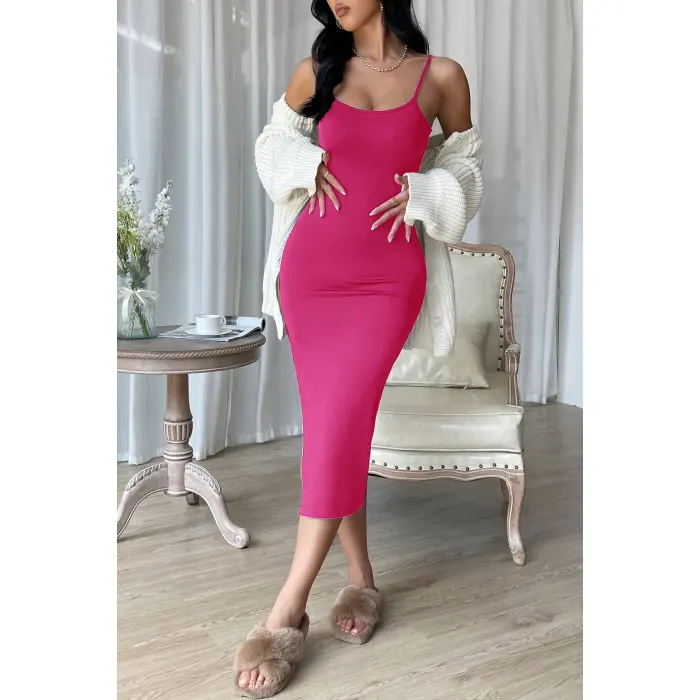 Kadın Fuşya Yırtmaçlı Diz Altı Vücüdu Saran Gecelik