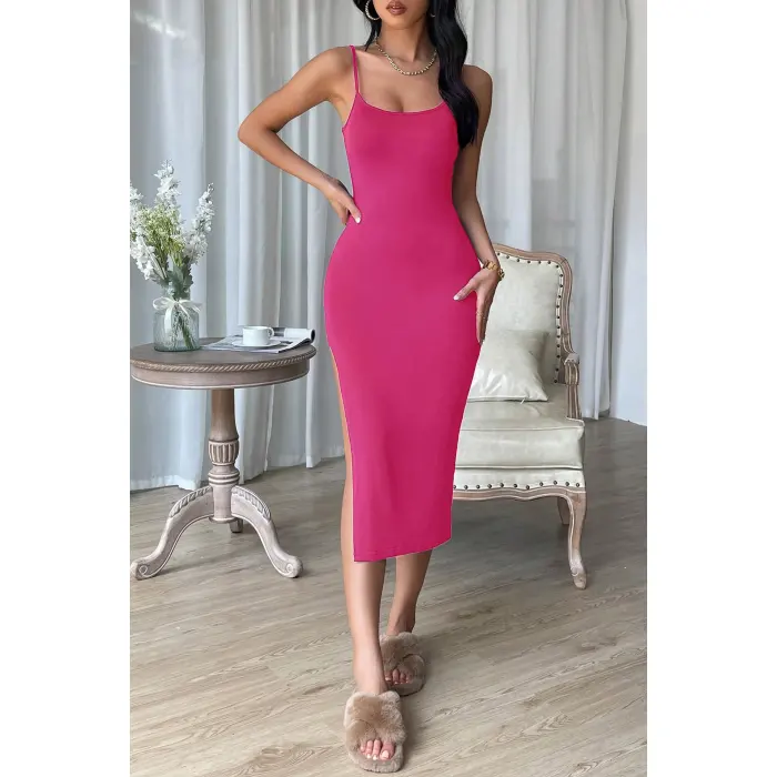 Kadın Fuşya Yırtmaçlı Diz Altı Vücüdu Saran Gecelik