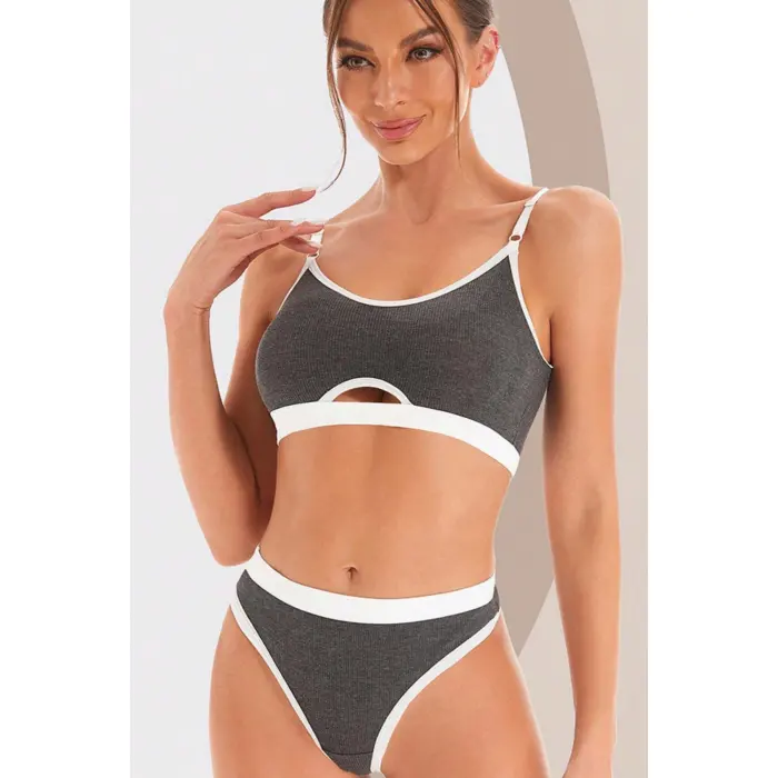 Kadın Gri Antrasit Kaşkorse ve Beyaz Lastikli Cut-Out Tanga Külotlu Takım