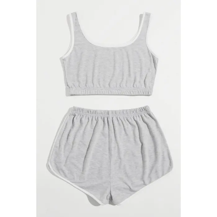 Kadın Gri Askılı Crop Top ve Şortlu Gecelik Takım