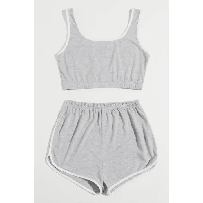 Kadın Gri Askılı Crop Top ve Şortlu Gecelik Takım