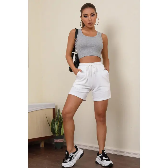 Kadın Gri Kare Yaka Crop Top Bluz