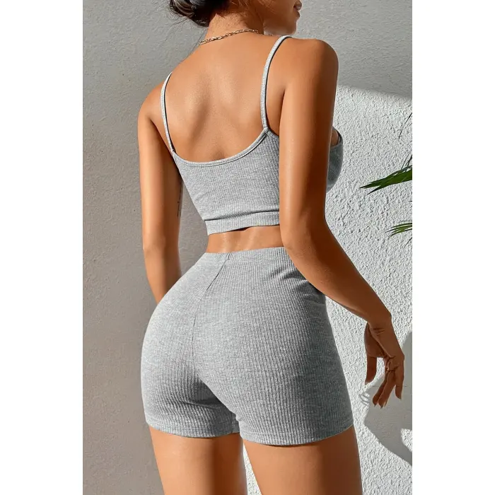 Kadın Gri Melanj Şortlu Kaşkorse Gecelik Takım
