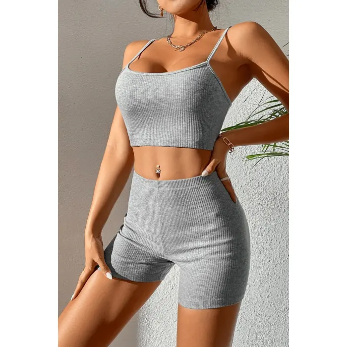 Kadın Gri Melanj Şortlu Kaşkorse Gecelik Takım