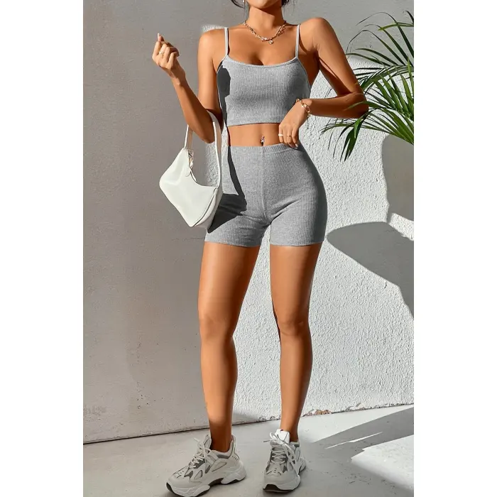 Kadın Gri Melanj Şortlu Kaşkorse Gecelik Takım