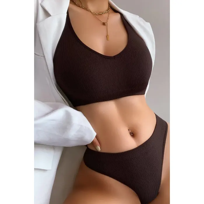 Kadın Kahverengi Desteksiz Seamless Tangalı İç Çamaşır Takımı