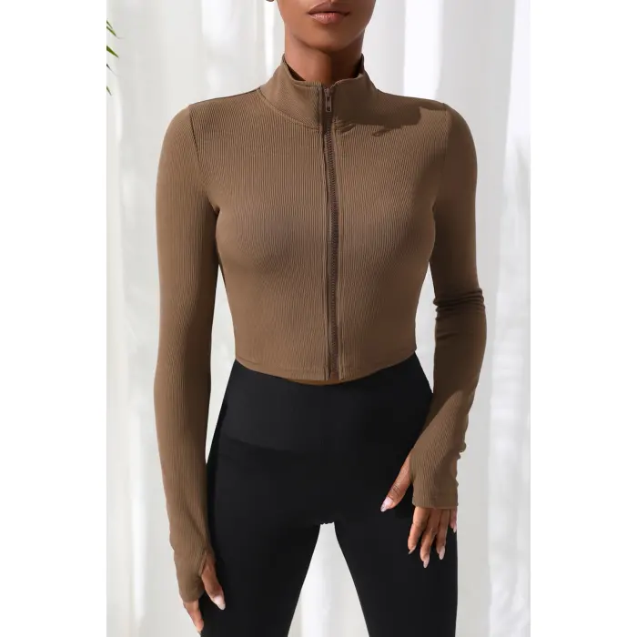 Kadın Kahverengi Uzun Kol Fermuarlı Parmak Geçme Detaylı Dik Yaka Crop Top Bluz