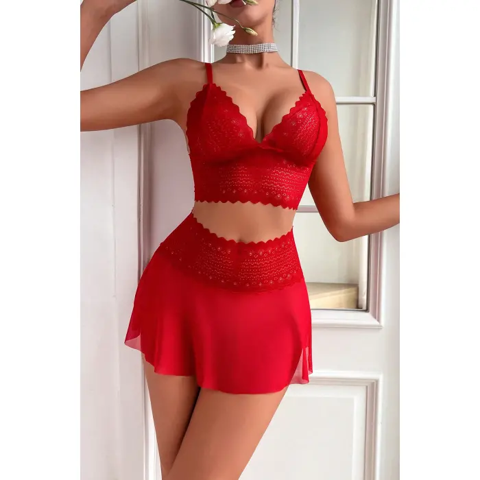 Kadın Kırmızı Dantel ve Tül Detaylı Etekli Şık Gecelik Takımı