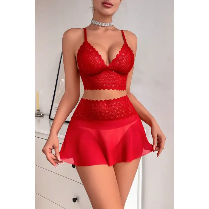 Kadın Kırmızı Dantel ve Tül Detaylı Etekli Şık Gecelik Takımı