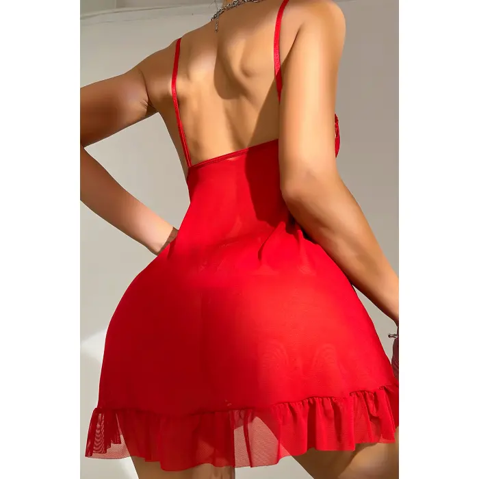 Kadın Kırmızı Dantelli, Fırfırlı Tül ve Fiyonk Detaylı Tangalı Gecelik Takımı