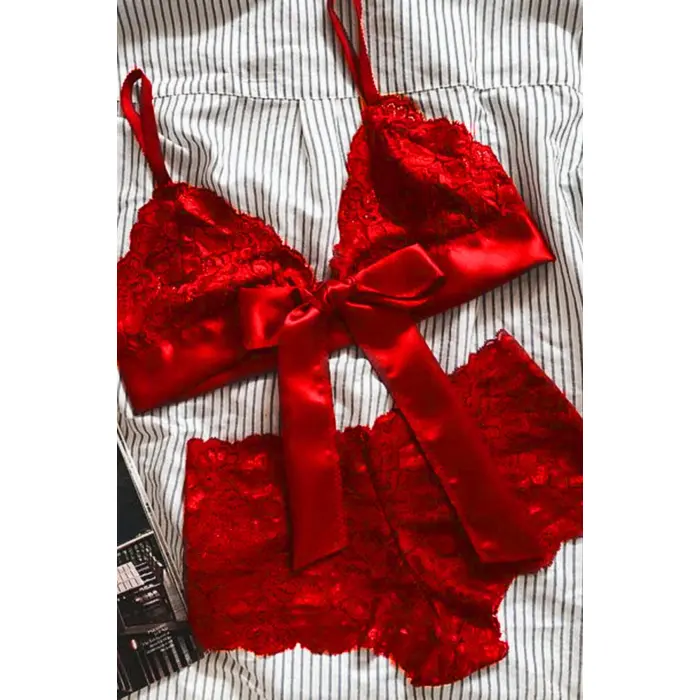 Kadın Kırmızı Dantelli & Kurdelalı Sütyen Külot Takımı