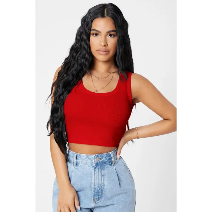 Kadın Kırmızı Kare Yaka Crop Top Bluz