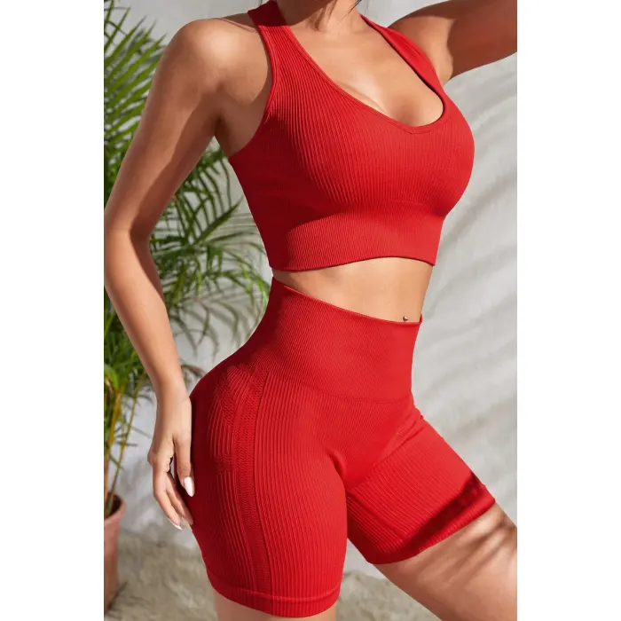 Kadın Kırmızı Yüksek Bel Çapraz Sırt Detaylı Şortlu Gecelik Takım