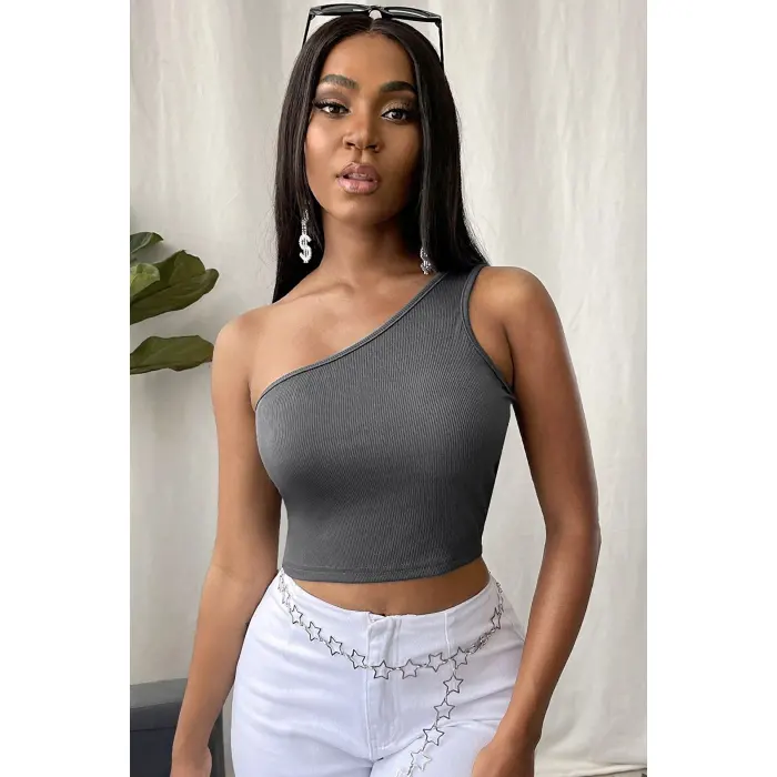 Kadın Koyu Gri Tek Omuz Crop Büstiyer