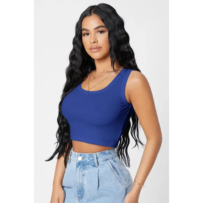 Kadın Lacivert Kare Yaka Crop Top Bluz