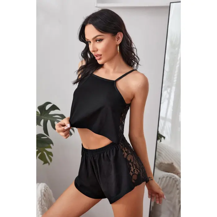 Kadın Siyah Arkası Komple Dantel Şortlu Gecelik Takım