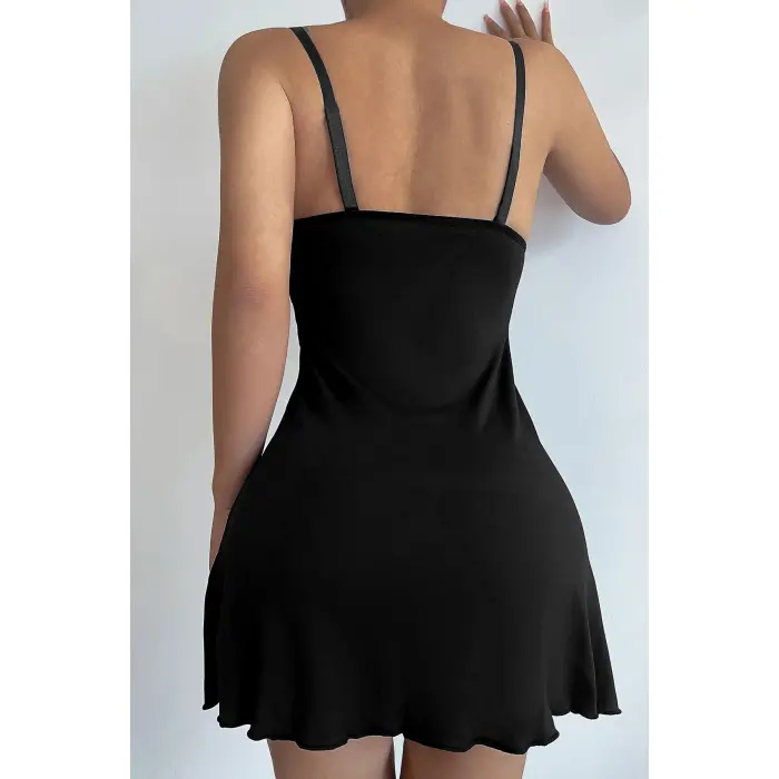 Kadın Siyah Askılı Beli Dantelli Göğsü Fiyonklu Şık Gecelik