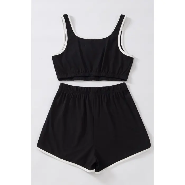 Kadın Siyah Askılı Crop Top ve Şortlu Gecelik Takım