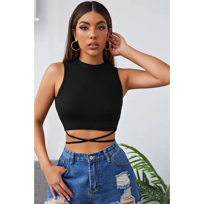 Kadın Siyah Çapraz Bağlamalı Crop Top Büstiyer