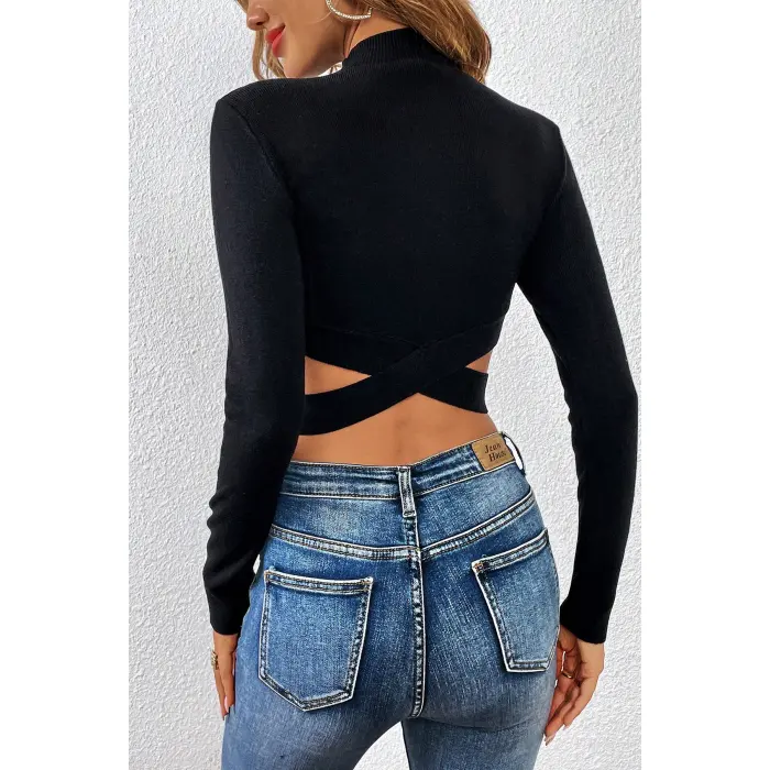 Kadın Siyah Çapraz Bel Detaylı Dik Yaka Uzun Kol Crop Top Bluz