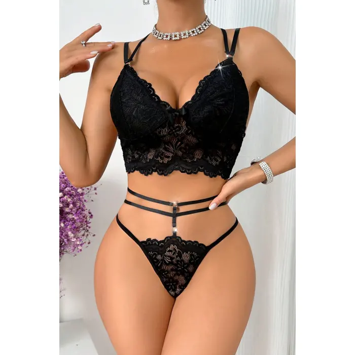 Kadın Siyah Çift Sıra Çapraz Askılı Cut-Out Tanga Detaylı Şık Takım