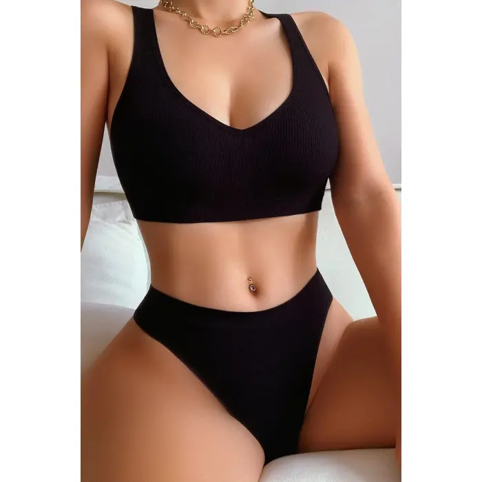 Kadın Siyah Desteksiz Seamless Tangalı İç Çamaşır Takımı