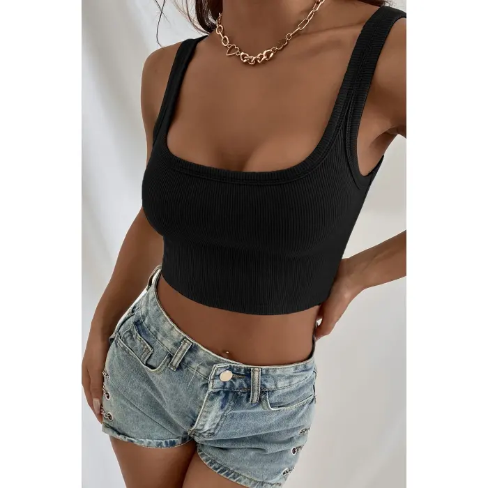 Kadın Siyah Kalın Askılı Crop Top Büstiyer